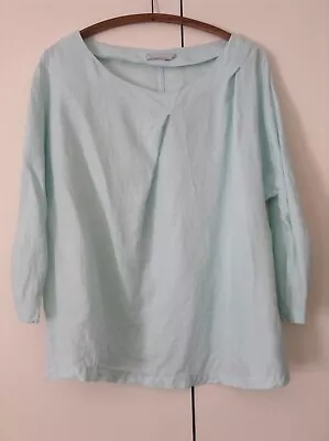 GR Nature Pale Blue Linen 42 Smock Top Quirky Pleats @ Neck & On 3/4 Length Slv • £24.99