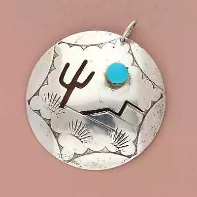 Navajo Sterling Silver Vintage Turquoise Stamped Cactus Scenery Disc Pendant • $56