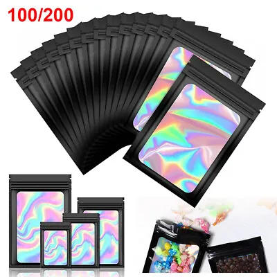 100/200 Smell Proof Mylar Bags Holographic Resealable Ziplock Foil Pouches Black • $24.36