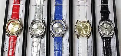 MANHATTAN Crystal Bezel Dial Faux Leather Band WOMEN Watch In Individual G.box • $7.98