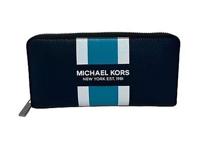 Michael Kors Cooper Logo And Striped Smartphone Long Wallet Blue Pebble Leather • $59.94