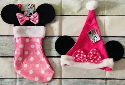 NWT Disney Minnie Mouse Ears Santa Beanie Hat & Christmas Stocking Pink 2pc Set • $19.99