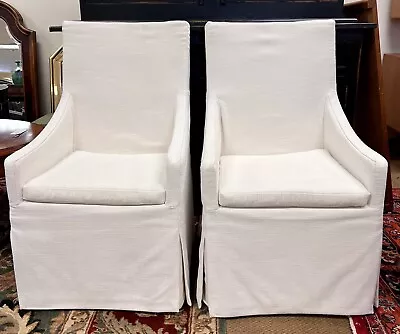 Magnificent Pair Of Restoration Hardware Belgian Linen Slope Arm Dining Chairs • $1995