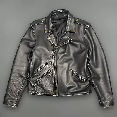 Vintage 80s 90s Leather Motorcycle Biker Jacket Black Mens Medium Punk Metal • $129.99
