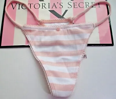 VICTORIA'S SECRET Iconic Pink White Stripe Cotton V-String Thong Panty S M L 2XL • $14.99