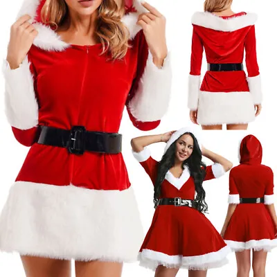 Women Miss Claus Santa Christmas Dress Costume Velvet Hooded Dress  Fancy Dress • £44.15