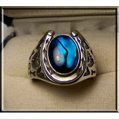 STAINLESS STEEL MENS RING -ROUND PAUA SHELL - HORSE SHOE Design NATIVE STYLED • $74.99