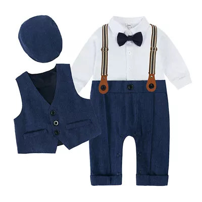 Newborn Outfits Set Infant Wedding Party Tuxedo Baby Boy Formal Suit Romper+Hat • £23.99