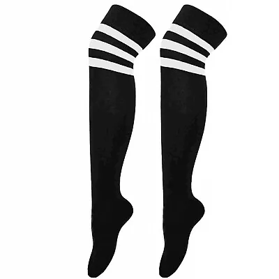 Girls Ladies 3 Stripes Referee Socks Striped Over The Knee Thigh High Long Socks • £3.29