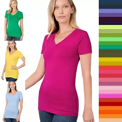 $6.45 • Buy Women's V-NECK Basic Cotton Short Sleeve T-Shirt Soft Stretch Plain Top Tee