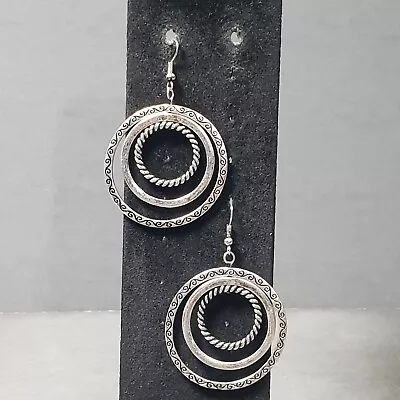 Hoop Earrings Silver Tone Dangle Viking Steampunk Modernist Boho 2.25  • $9.99