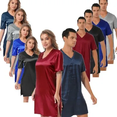 Men Women Satin Loose Nightgown Short Sleeve V Neck Shirts Sleepwear Nightwear  • $13.49