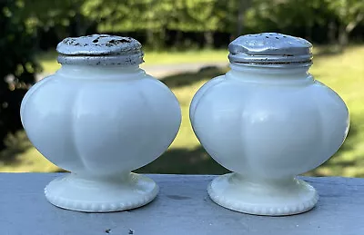 Pair Of Antique EAPG Victorian Pearlescent Milk Glass Bead Footed Melon Shakers • $21.25