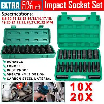 $15.98 • Buy 10/20Pcs 8-32Mm 1/2 Inch Drive Deep Impact Socket Set Heavy Metric Garage Tools