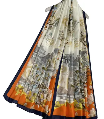 Japanese Landscape Floral Silk Scarf Orange Border • £19