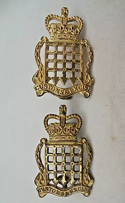 Vintage Pair Obsolete Customs & Excise Collar Badges Queens Crown Gilt Finished • £4.99
