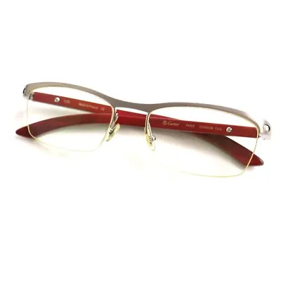 $1138 • Buy Cartier Wood Temple Titanium Half Rimmed Silver Framed Glasses / Eyewear Vintage