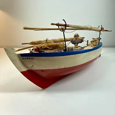 GREEK Souvenir Wooden Model FISHING BOAT The ANAPOL + Fisherman 60s MCM Travel • $52