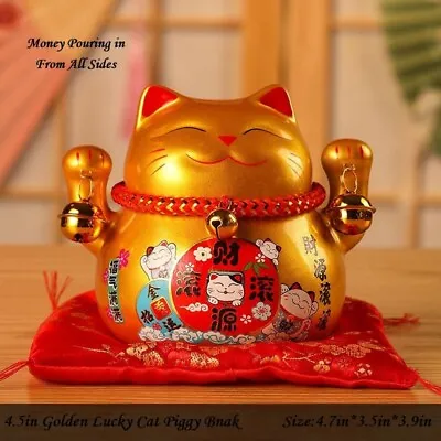 Lucky Cat Piggy Bank With Two Bells Ceramic Maneki Neko Kitty Coin Bank   • $22.99