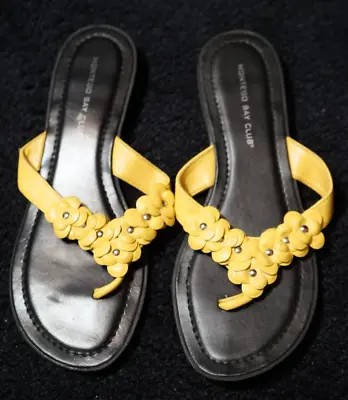 Montego Bay Club Black Flip Flops With Yellow Stud Floral Foot Straps Size 6.5 • $1