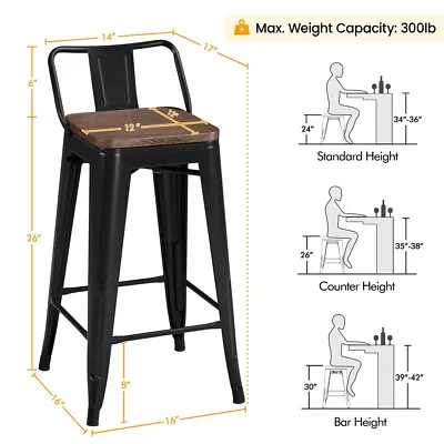 Metal Bar Stool  4PCS Low Back Counter Stools For Indoor/Outdoor Barstools Black • $119.99