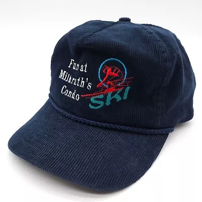 Vintage Ski Fun At Milbrath's Condo Rope Trucker Corduroy Strapback Hat Blue Cap • $19.99