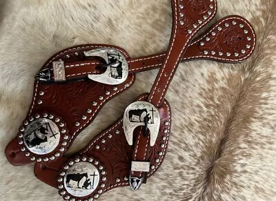 Mens Tooled Genuine Leather Western PAIR Spur Straps Praying Cowboy Hardware   • $31.95