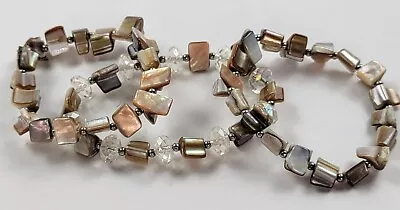 Beige Brown Abalone Mother Of Pearl Stretch Bracelet Set Of 3 • $6.99