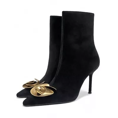 ZARA Black Suede Sculptural Gold Metal Flower Ankle Boots 1100/110 Size 38 7.5 • $79.99