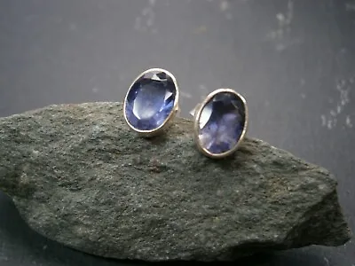 925 Sterling Silver Violet Blue Iolite Gemstone Oval Shaped Stud Earrings • £21