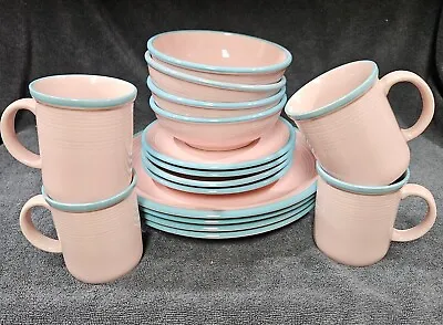 Four Place Setting 16 Piece Rio Stoneware Japan Pink & Blue Vintage Plates Bowls • $119.99