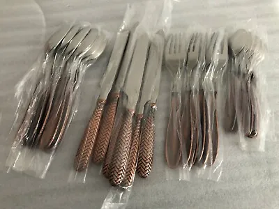 NEW ! 24 Piece Cutlery Set - Stainless Steel With Copper Colored Woven Handles • £27