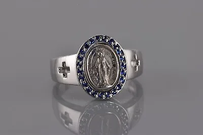 HMH Sterling Silver Miraculous Medal Blue Topaz Bezel Cross Band Ring 925 Sz: 8 • $77.50