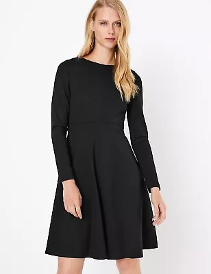 * BNWT M&S Black Fit & Flare Ponte Dress Office Business Funeral UK 12    (ST10) • £15.99