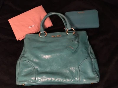 $967.49 • Buy Preloved Miu Miu Teal Vitello Lux 2 Way Bag RN1092 & Calf Zip Around Wallet $3k+