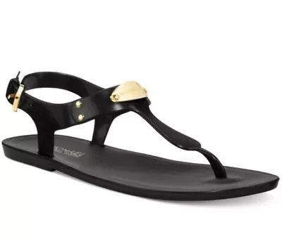 NWT Michael Kors Gold Plaque Plate Jelly Flat Buckle Sandals PVC Black Sz 9 • $24.99