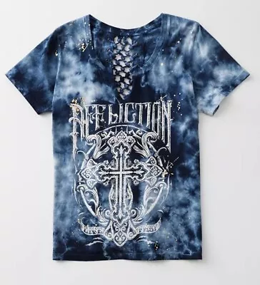 Affliction Women's MADRIGAL Split Neck Blue Short Sleeve T-shirt Size SMALL • $62.83