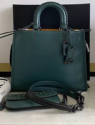 Nwt Coach 1941 Teal Mixed Leather Whipstitch Rogue 30 & Matching Clutch Set  • $1499