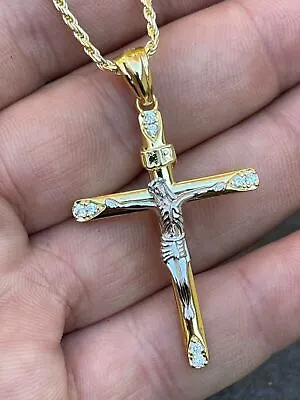 $31.48 • Buy Cross Jesus & Crucifix Pendant Necklace Rope Chain 925 Silver 14k Gold Plated CZ