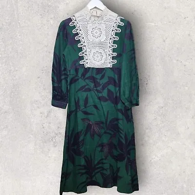 Zara Longsleeve Dress Size 12 Lace Front Green Blue Florals Cotton Maxi  • $28.61