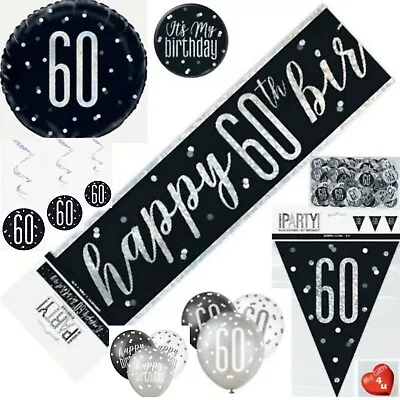 Black Silver Age 60th & Happy Birthday Party Decorations Bunting Balloons Banner • £3.50