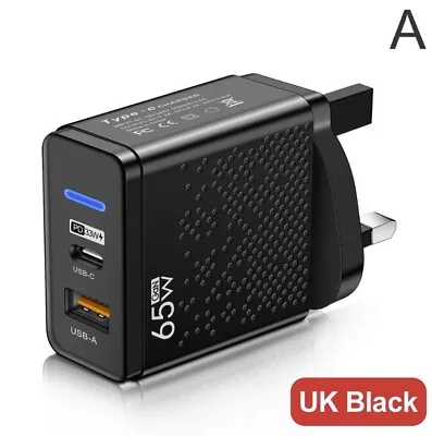 65W GaN 2-Port USB-C PD33W +QC 3.0 Fast Charger Plug 3 Pin UK Mains Wall Adapter • £8.49