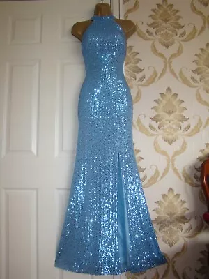 QUIZ Size 8 Stretchy Blue Sequin Maxi Long Evening Party Prom Dress Gown • £44.99