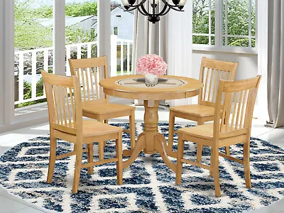 5pc Kitchen Dinette Set 36  Round Pedestal Table + 4 Wood Chairs In Light Oak • $540