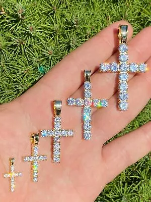 $15.28 • Buy Tennis Cross Pendant Simulated Diamond Iced Necklace 14k Gold Plated 925 Silver