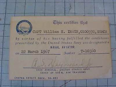 Original Vietnam Usmc Naval Aviator Designation Certificate Card - 1967 • $149.88