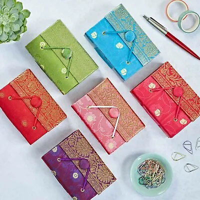 Sari Fabric Pocket Journal Notebook 6 Colours 9cm X 11cm Unlined Recycled Paper • £8.95
