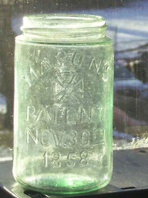 Green 1 Pint Mason's ( Cross ) Patent Nov. 30th 1858 Ground Lip Canning Jar • $48.60