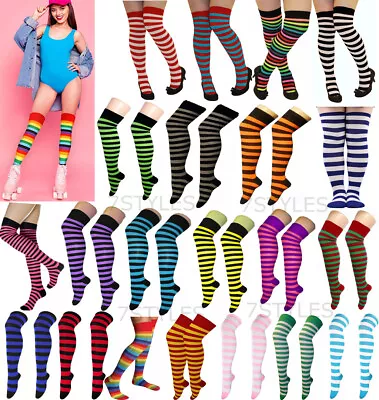 Over The Knee Stripe Socks Party Fancy Stockings Halloween Mardi Gras Crnival • £3.49