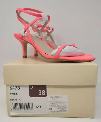 Faith SIZE 5 Neon Coral Elastic Summer Strappy Stiletto Heels Wedding Shoes 7 Cm • £27.99